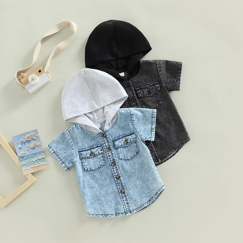 Boys' Hooded Single-breasted Denim Short-Sleeve Shirt