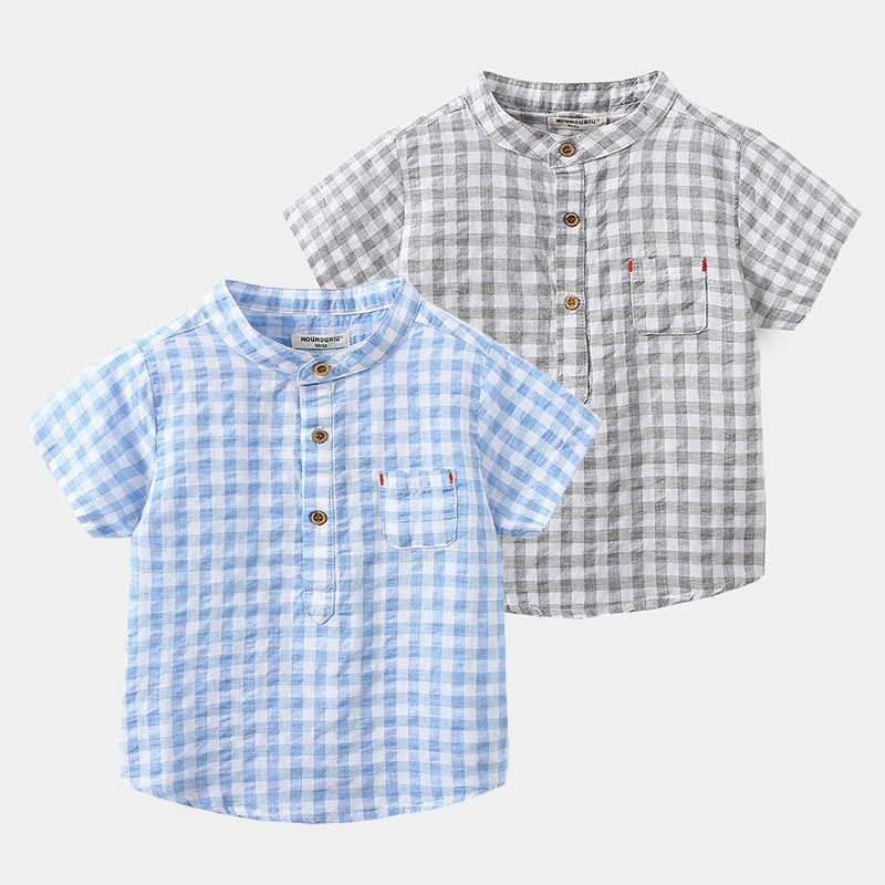 Boys' Cotton Blue Short-Sleeved Gingham Shirt