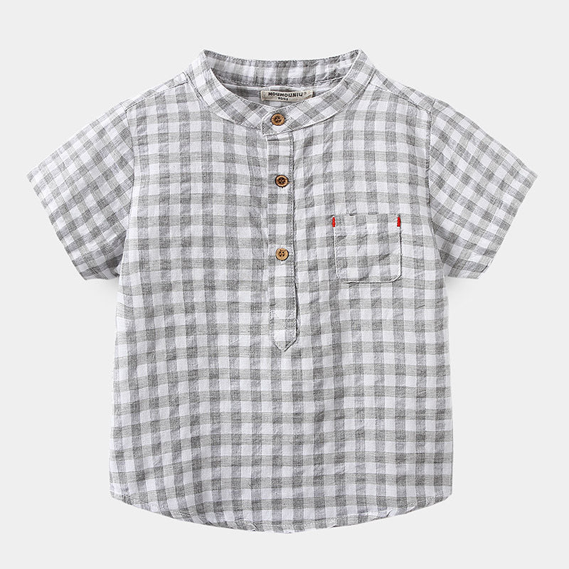 Boys' Cotton Blue Short-Sleeved Gingham Shirt