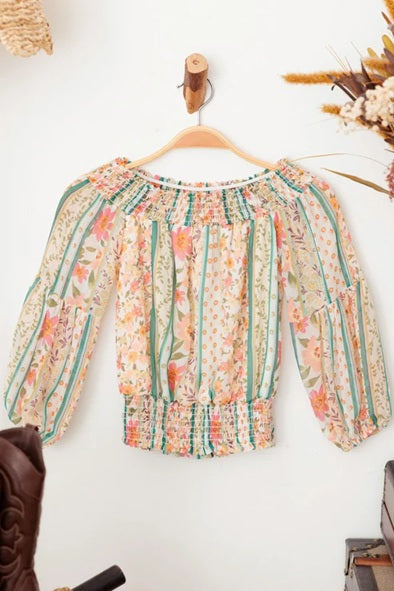 Girls Floral Sheer Puff Sleeve Ruched Hem Top