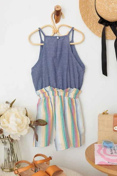Girls Blue Multi Color Wrap Front Tie Spaghetti Strap Romper