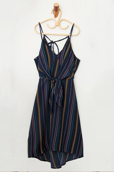 Girls Boho Stripe Spaghetti Strap Front Tie Dress