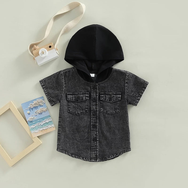 Boys' Hooded Single-breasted Denim Short-Sleeve Shirt