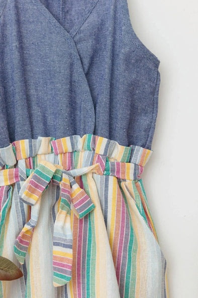 Girls Blue Multi Color Wrap Front Tie Spaghetti Strap Romper