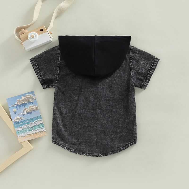 Boys' Hooded Single-breasted Denim Short-Sleeve Shirt