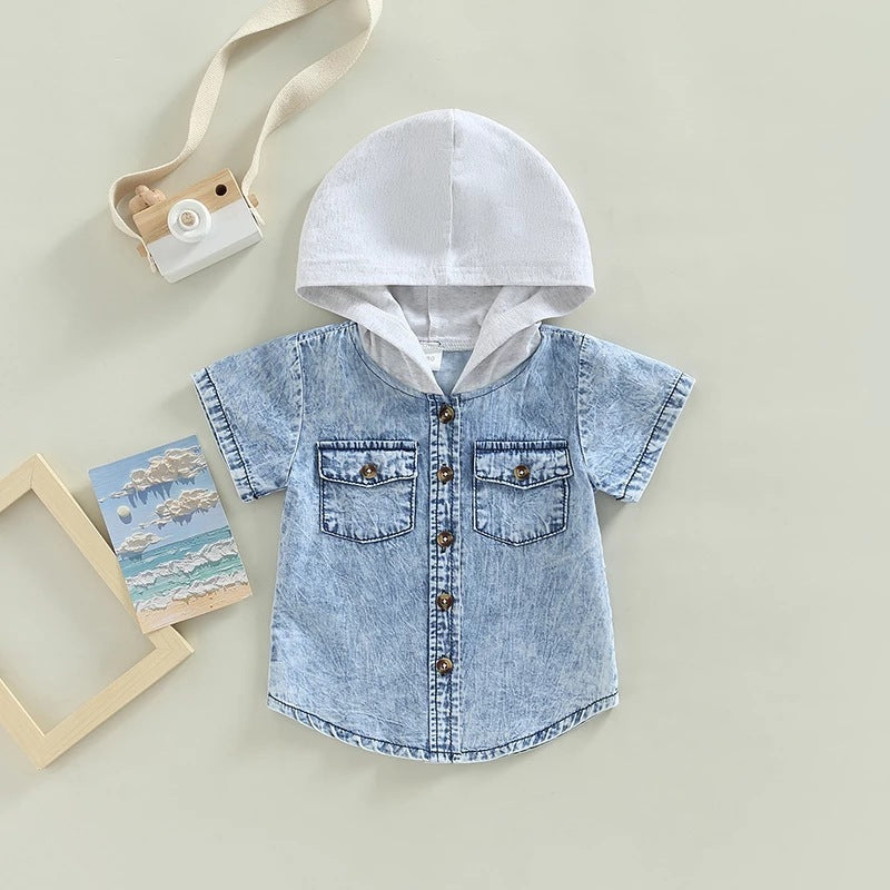 Boys' Hooded Single-breasted Denim Short-Sleeve Shirt