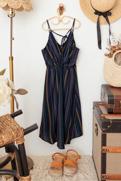 Girls Boho Stripe Spaghetti Strap Front Tie Dress