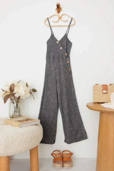 Girls Spaghetti Strap Front Button Up Knit Jumpsuit