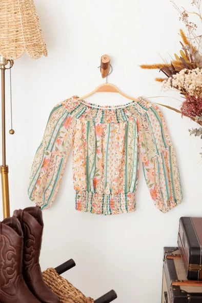 Girls Floral Sheer Puff Sleeve Ruched Hem Top