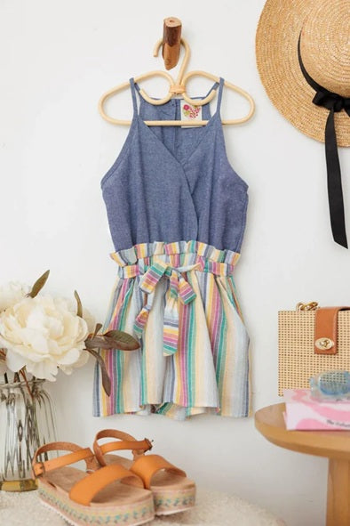 Girls Blue Multi Color Wrap Front Tie Spaghetti Strap Romper