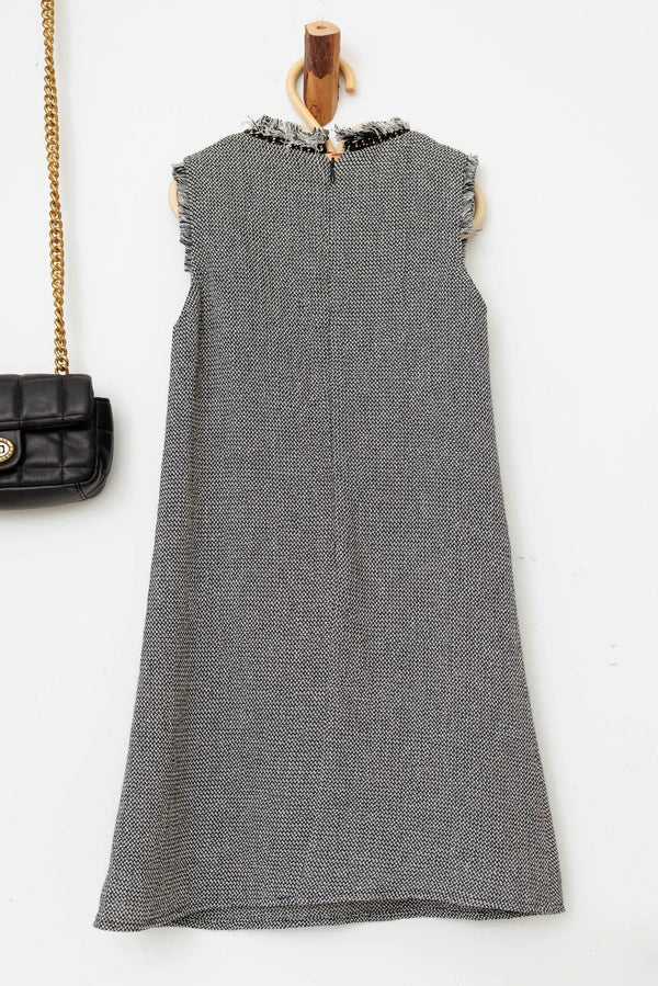 Girls Sleeveless Tweed Chain Neck-Line Fringe Dress