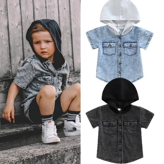 Boys' Hooded Single-breasted Denim Short-Sleeve Shirt