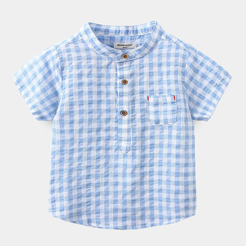 Boys' Cotton Blue Short-Sleeved Gingham Shirt