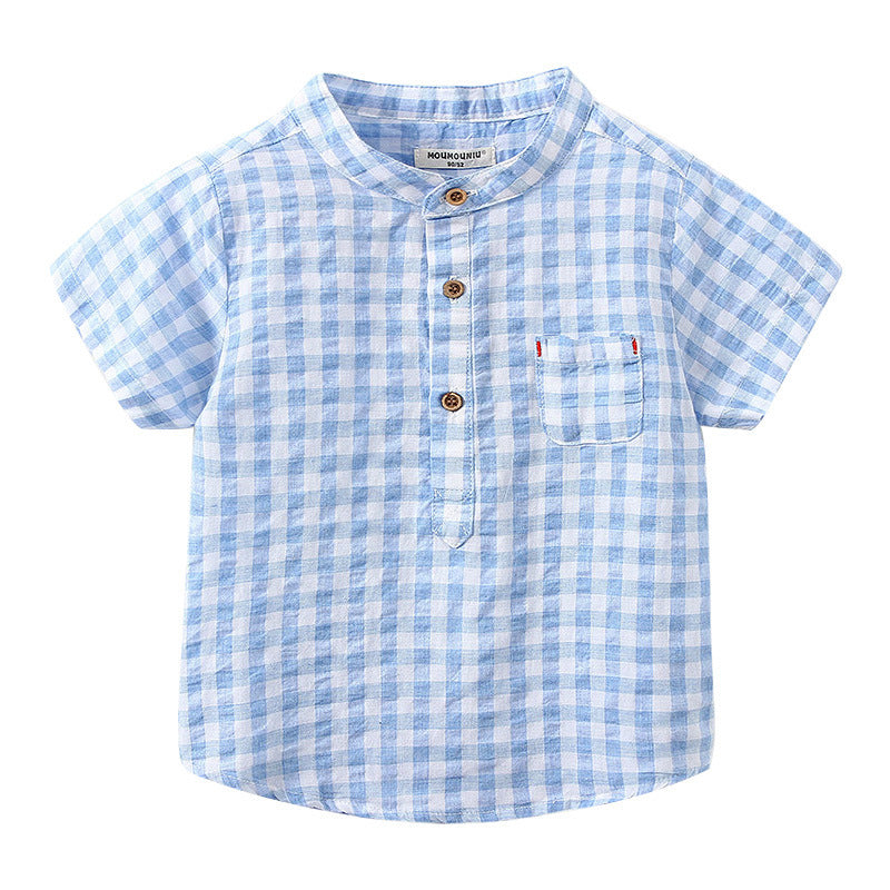 Boys' Cotton Blue Short-Sleeved Gingham Shirt
