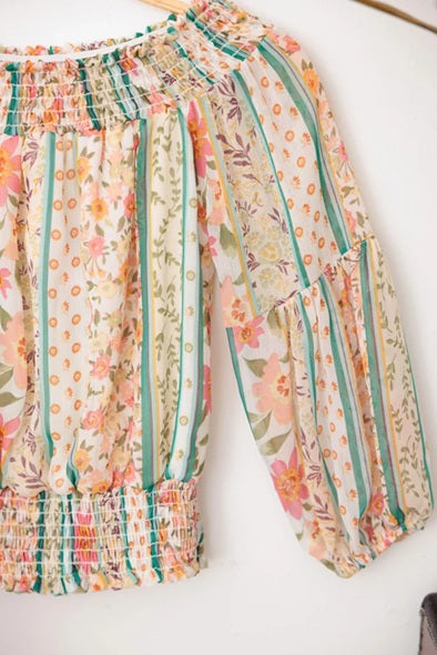 Girls Floral Sheer Puff Sleeve Ruched Hem Top